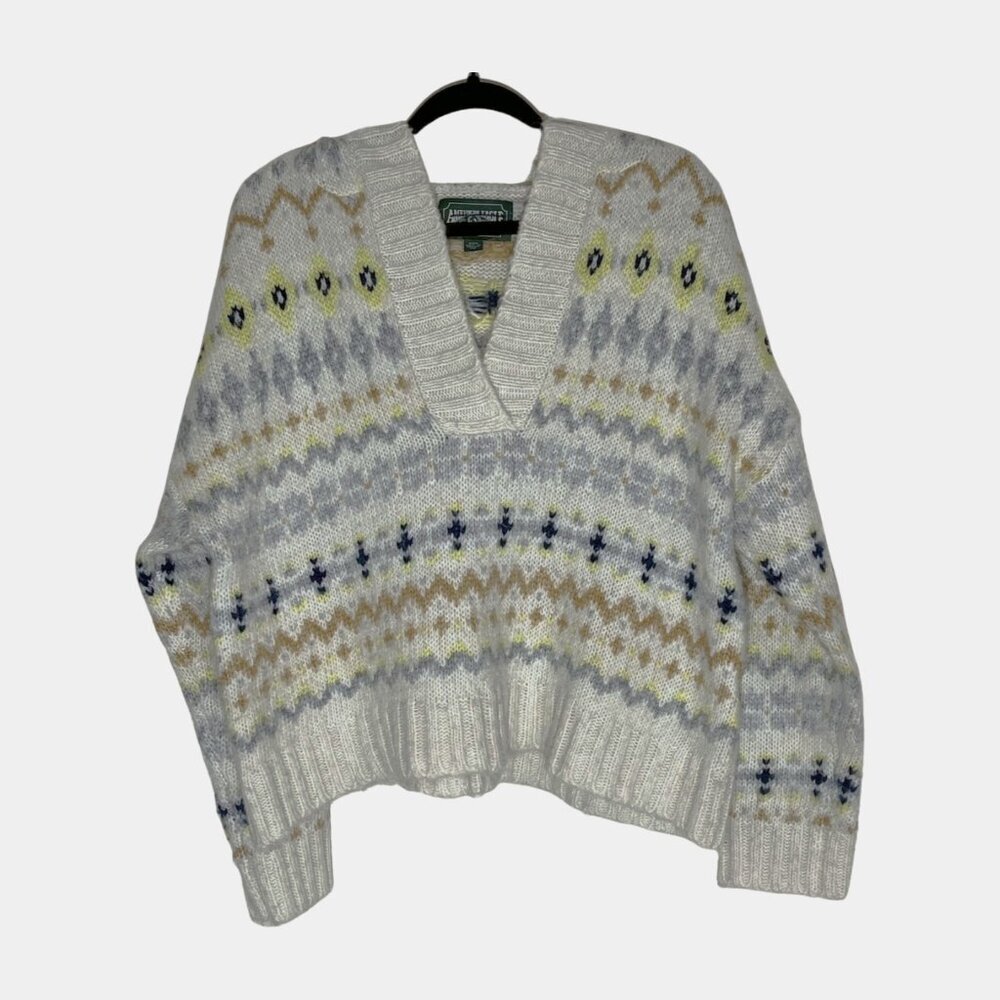 American Eagle Women's Fair Isle Wool Blend Fuzzy Hooded Sweater Size Medium